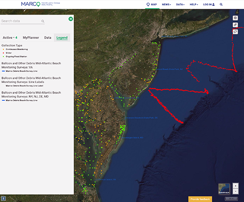 A screenshot of the MARCO portal with corals observed and core abundance of cetaceans at Mid-A scale